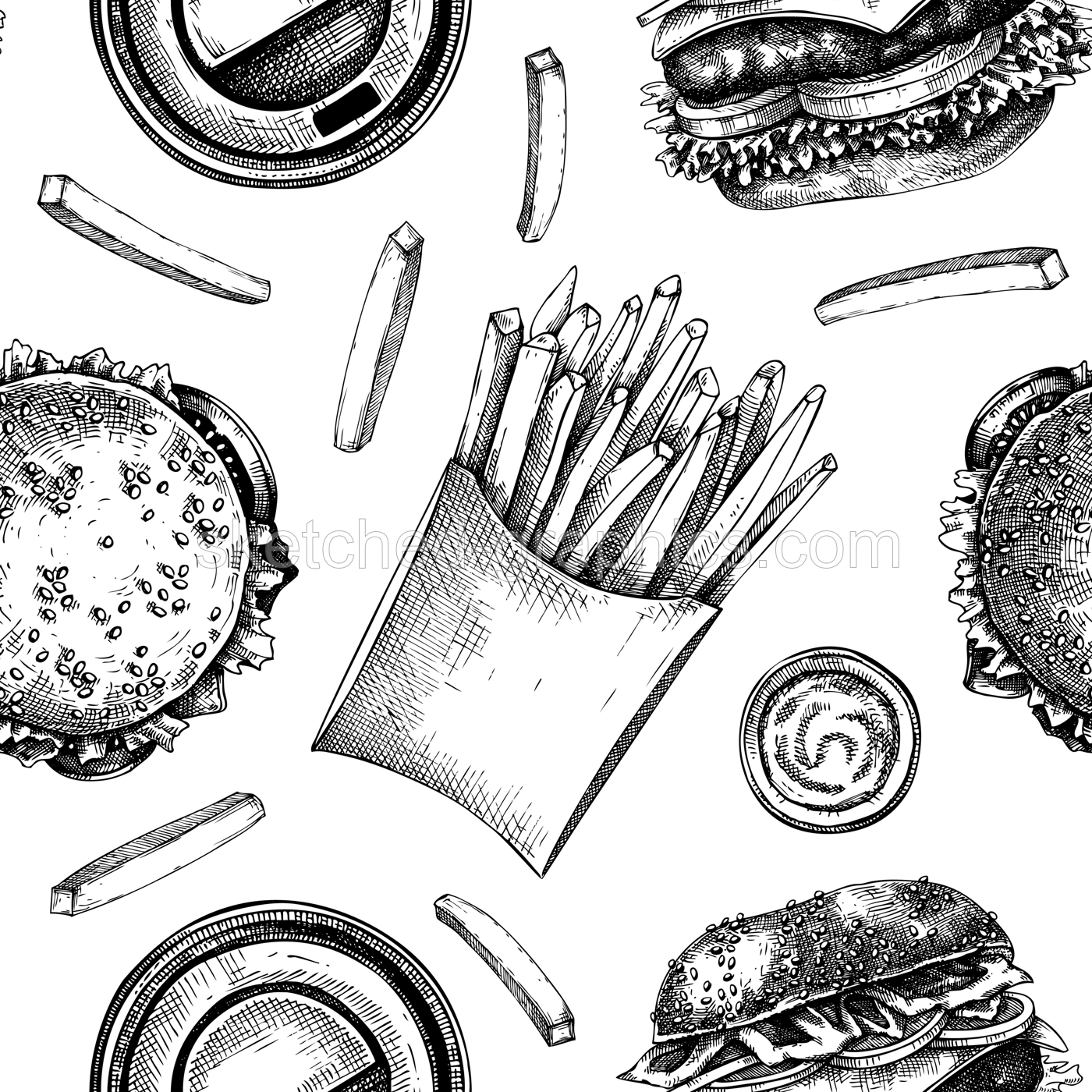 Fast food restaurant background. Street food seamless pattern. Hand drawn vector illustration. For takeaway food or delivery service. Burger, French fries, coffee sketches Illustration